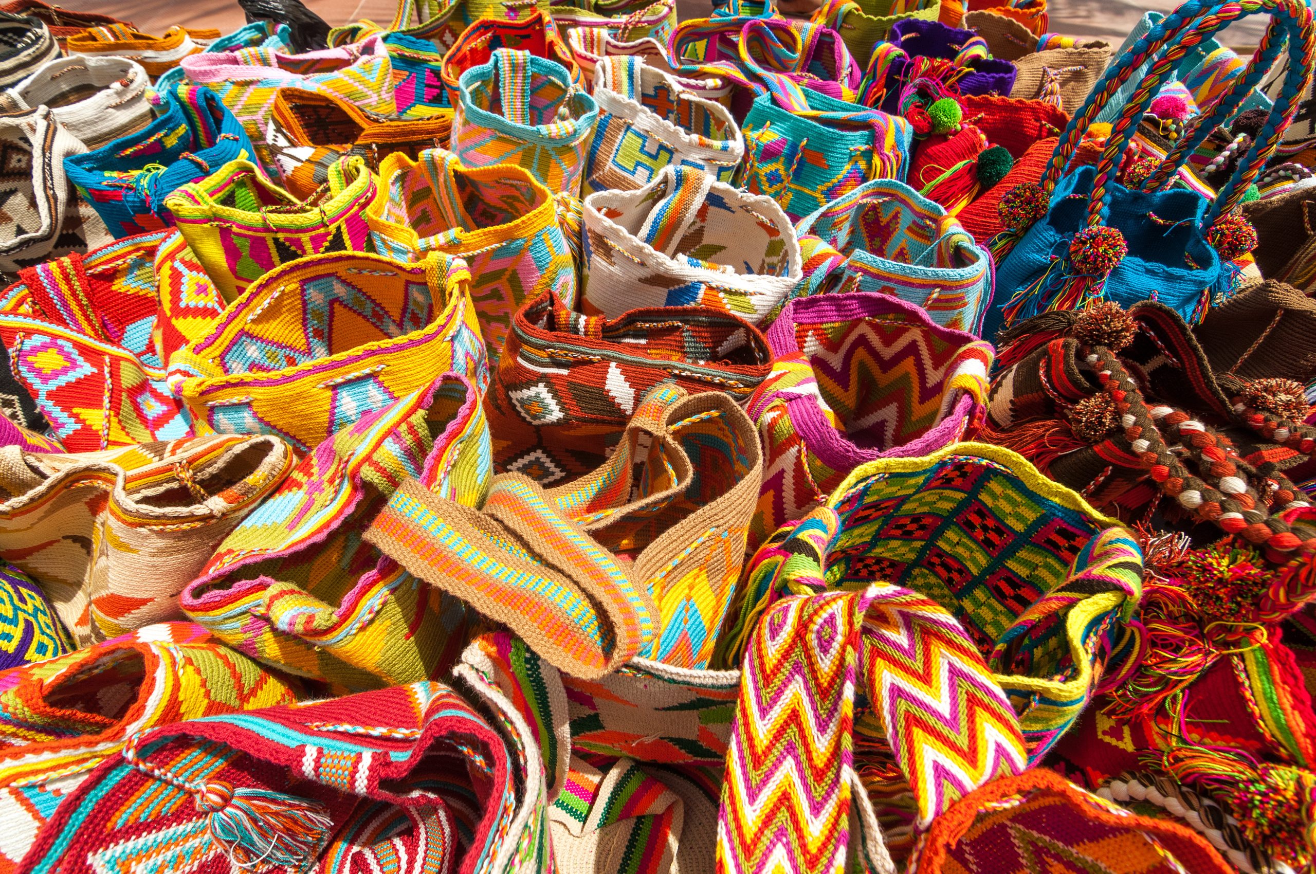 Typical colorful bags of the Wayuu Indians for sale as souvenirs in Riohacha, Colombia